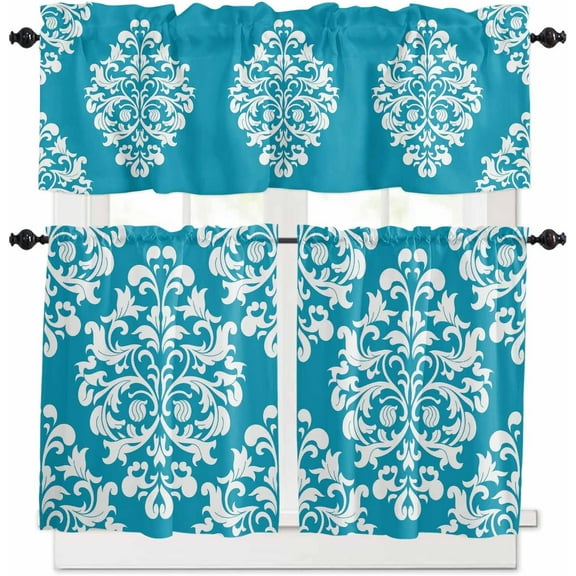 Baroque Sage Green Kitchen Curtains, Vintage Damask Classic Floral 3-Piece Kitchen Curtain Valance and Tiers Set 24 Inch Length, Rod Pocket Half Window Curtains for Cafe Living Room Bathroom