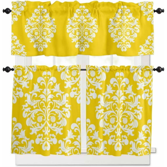 Baroque Sage Green Kitchen Curtains, Vintage Damask Classic Floral 3-Piece Kitchen Curtain Valance and Tiers Set 24 Inch Length, Rod Pocket Half Window Curtains for Cafe Living Room Bathroom