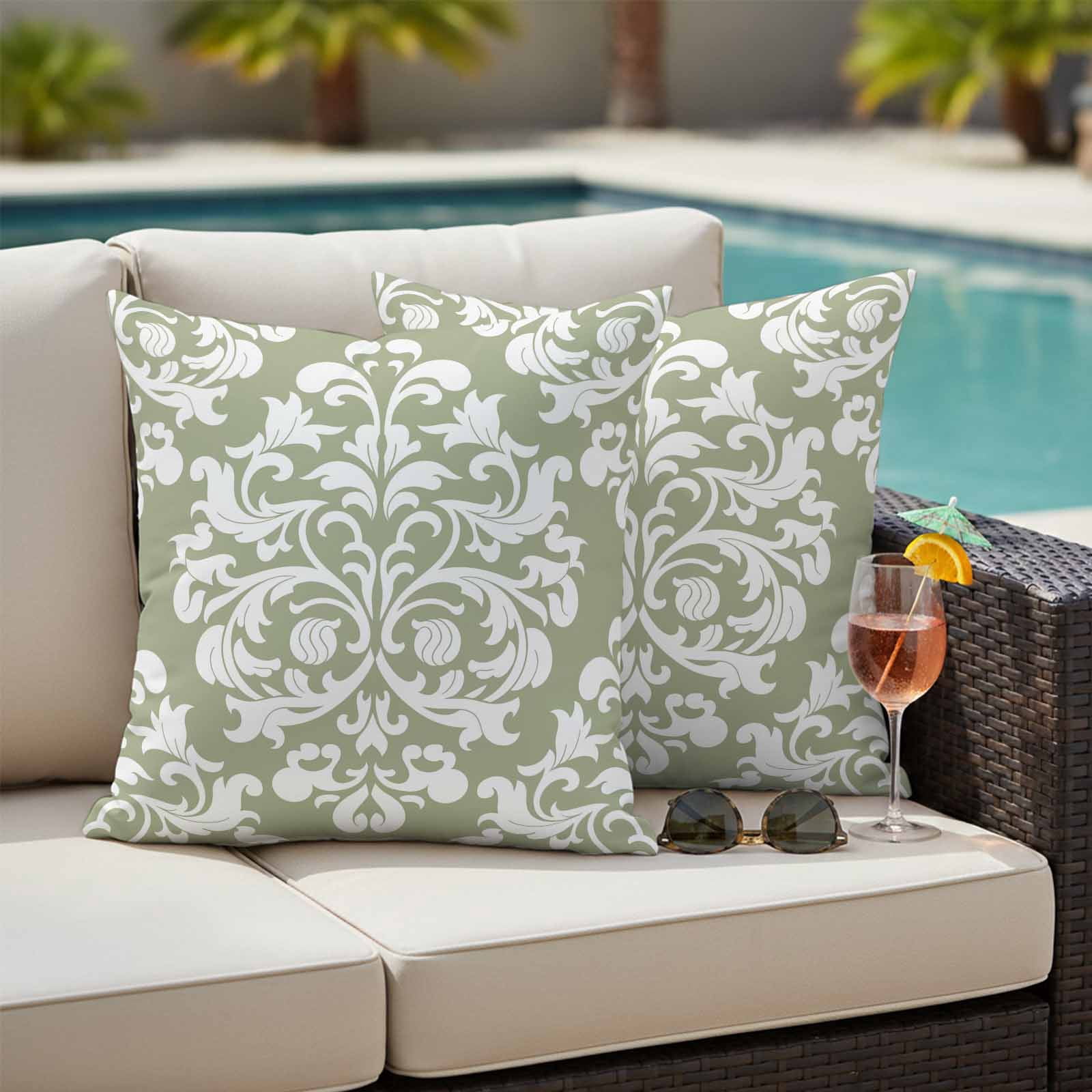 Baroque Sage Green Outdoor Pillow Covers 26x26 Inch Throw Pillow Covers Set of 2 Waterproof Decorative Pillow Cases Vintage Damask Classic Floral Cushion Covers for Patio Furniture Garden Couch Sofa
