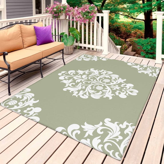 Baroque Sage Green Outdoor Rug for Patio/Deck/Porch, Non-Slip Large Area Rug 5 x 8 Ft, Vintage Damask Classic Floral Indoor Outdoor Rugs Washable Area Rugs, Reversible Camping Rug Carpet Runner
