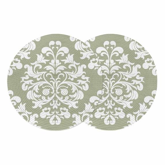 Baroque Sage Green Round 15 Inch Placemats Set of 2, Vintage Damask Classic Floral HeatResistant Non Slip Place Mats for Dining Table, Wipeable Braided Kitchen Table Mats for Housewarming