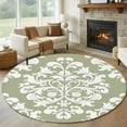 thumbnail image 1 of Baroque Sage Green Round Rug 5ft Washable Circle Kitchen Rugs Non Slip Vintage Damask Classic Floral Large Area Rug Indoor Floor Carpet for Bedroom Living Room Home Office Dining Room Nursery, 1 of 8