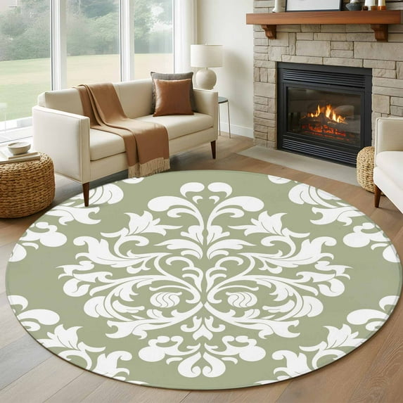 Baroque Sage Green Round Rug 5ft Washable Circle Kitchen Rugs Non Slip Vintage Damask Classic Floral Large Area Rug Indoor Floor Carpet for Bedroom Living Room Home Office Dining Room Nursery