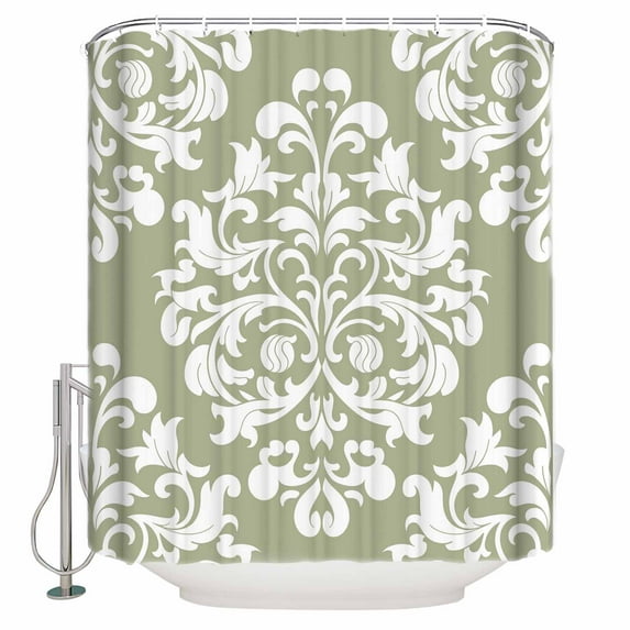 Baroque Sage Green Shower Curtains for Bathroom Waterproof Fabric Bath Curtains Decor Bath Tub Curtain Vintage Damask Classic Floral Decorative Shower Curtain Sets with 12 Hooks, 72x72 Inch