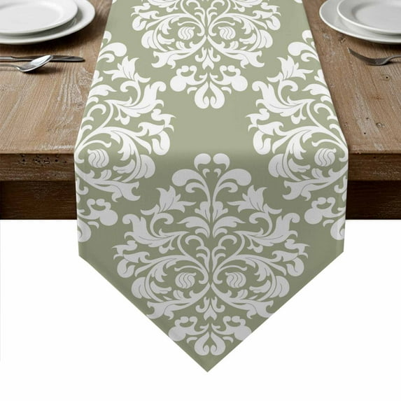 Baroque Sage Green Table Runner Linen Burlap Table Runner 120 Inches Long Vintage Damask Classic Floral Dresser Scarves for Kitchen Island Coffee Dining Room Party Wedding Holiday Decoration 13"x120"