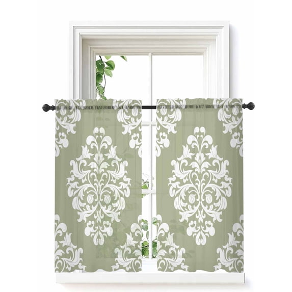 Baroque Sage Green Tier Curtains 45 Inch Length,Sheer Curtains for Bedroom Living Room Window Vintage Damask Classic Floral Rod Pocket Drapes Kitchen Curtains Small Half Window 27.5"x45" 2 Panels