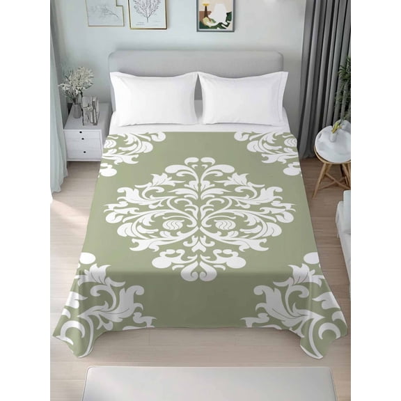 Baroque Sage Green Twim Size Flat Sheet, Wrinkleproof & Fadeproof Cooling Flat Bed Sheet Only, Vintage Damask Classic Floral Breathable Soft Bedding Top Sheets 66 x 96 Inches