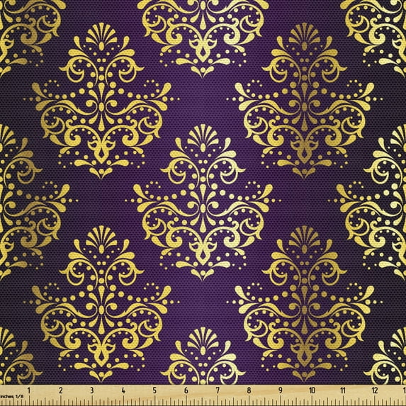 Baroque Sofa Upholstery Fabric by the Yard, Repeating Composed of Dots Strokes and Flourishes Vintage Feels, Decorative Fabric for DIY & Home Accents, 1 Yard, Plum Mustard Dark Yellow by Ambesonne