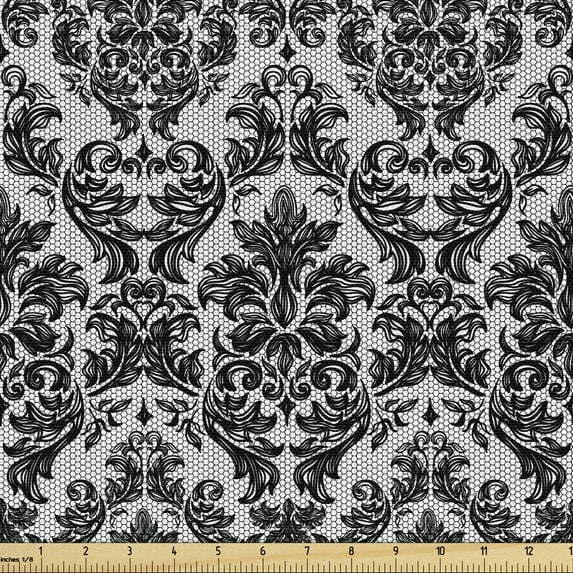 Ambesonne Baroque Fabric by the Yard Upholstery, Vintage Lace Style, 1 Yard, Black and White