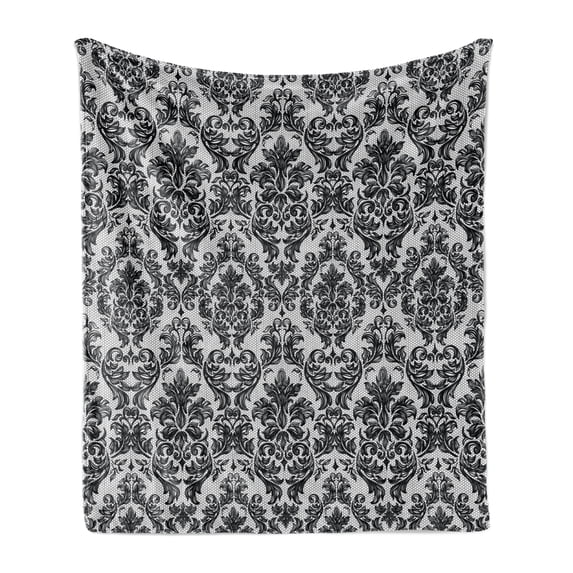 Baroque Soft Flannel Fleece Blanket, Vintage Lace Style Pattern of Antique Victorian Motifs Renaissance Influences, Cozy Plush for Indoor and Outdoor Use, 50" x 70", Black and White, by Ambesonne