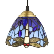 Baroque Stained Glass Ceiling Lamp Tiffany Style Hanging Pendant Lamp Fixture with Dragonfly Pattern,Blue