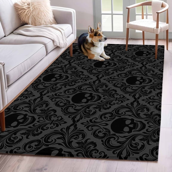 Baroque Style 3x5 Area Rugs for Living Room, Grey Black Skull Classical Floral Mysterious Non Slip Floor Mat Washable Low-Profile Indoor Carpet for Bedroom, Dining Room, Bathroom