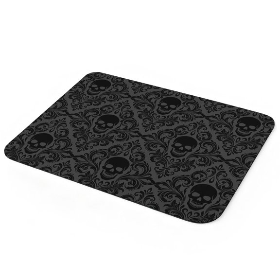 Baroque Style Dish Drying Mat for Kitchen Counter, Grey Black Skull Classical Floral Mysterious Super Absorbent Draining Mat Rubber Backing Dish Rack Pad for Dishes, Coffee Bar, Sinks, 12"x16"