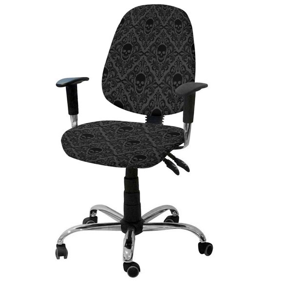 Baroque Style Office Chair Covers Stretchable Grey Black Skull Classical Floral Mysterious Split Computer Desk Chair Cover Universal Spandex Chair Seat Covers Rotating Boss Arm Chair Slipcovers