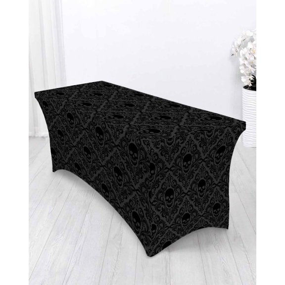 Baroque Style Spandex Tablecloth 4ft Grey Black Skull Classical Floral Mysterious Elastic Fitted Cloth for Rectangle Table Wrinkle Proof Stretch Table Cover for Wedding Party Birthday Banquet