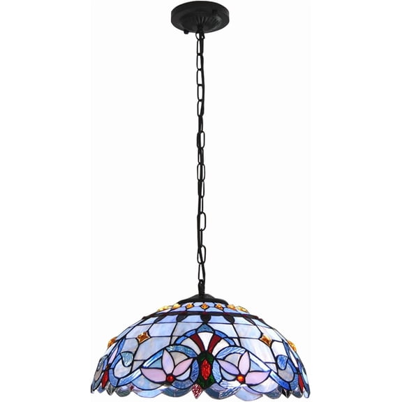 Baroque Style Stained Glass Pendant Light, Light Blue Victorian Style Stained Glass Hanging Lamp Adjustable 23.62in Chain, Metal Base, Handcrafted Use for Kitchen/Dining Room