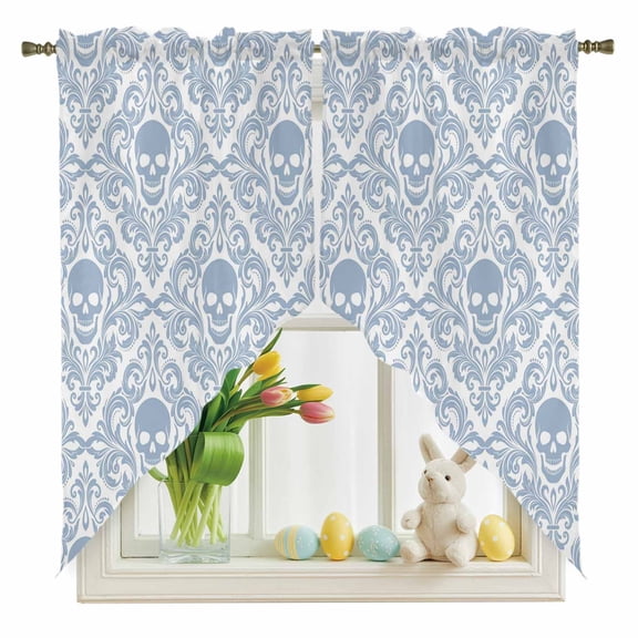 Baroque Style Swag Kitchen Curtain Valances, Grey Blue Skull Classical Floral Mysterious Rod Pocket Curtains Window Treatment Decor Valances for Bedroom Bathroom, 2 Panels 36 x 45 Inch