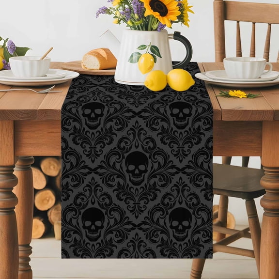 Baroque Style Table Runner 13x36 Inch Grey Black Skull Classical Floral Mysterious Cotton Linen Dining Table Runner Ideal for Dresser Kitchen Coffee Tables - Machine Washable