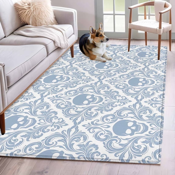 Baroque Style Washable Area Rugs 3'x5', Grey Blue Skull Classical Floral Mysterious Low Pile Throw Living Room Rug Non-Slip Sturdy Edge Binding Carpet for Indoor Entryway Bedside Kitchen