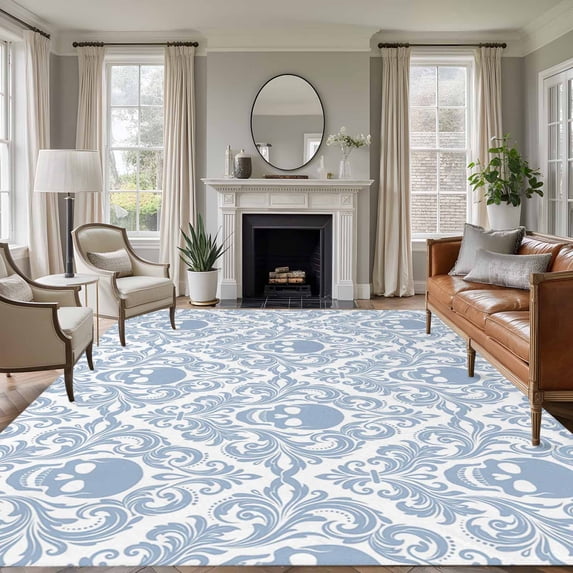 Baroque Style Washable Living Room Rugs 5'x8', Grey Blue Skull Classical Floral Mysterious Low Pile Throw Large Area Rug Non-Slip Sturdy Edge Binding Carpet for Living Room Kitchen Office