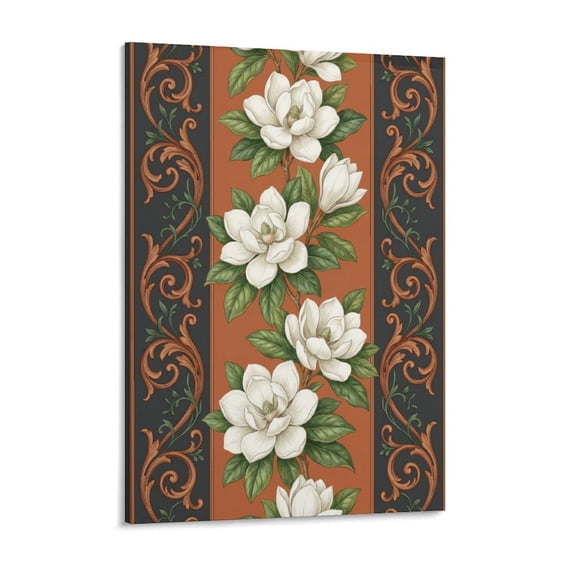 Baroque White Magnolia Blossom with Ornate Wood Scrollwork Versatile Vertical Canvas Artwork, High Density Print for Home, Hotel & Restaurant Decor