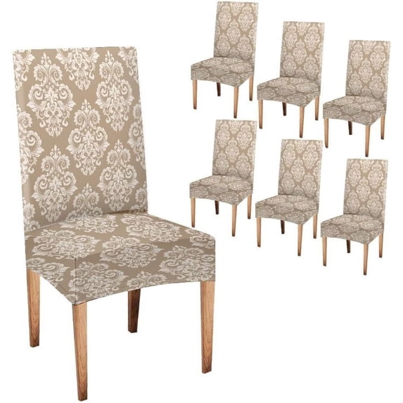 Baroque White and Beige Floral Ornament Graphic Damask Flower Ornament Chair Cover Removable Set of 6 Decorative Seat Slipcovers for Dining Room