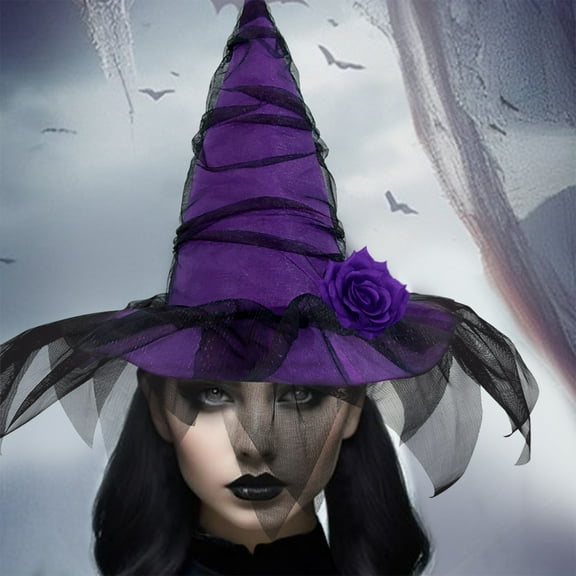 Baroque Witch Hat with Mesh & Artificial Flowers, Gothic Queen Halloween Costume Accessory for Women, Purple Victorian Elegant Headwear