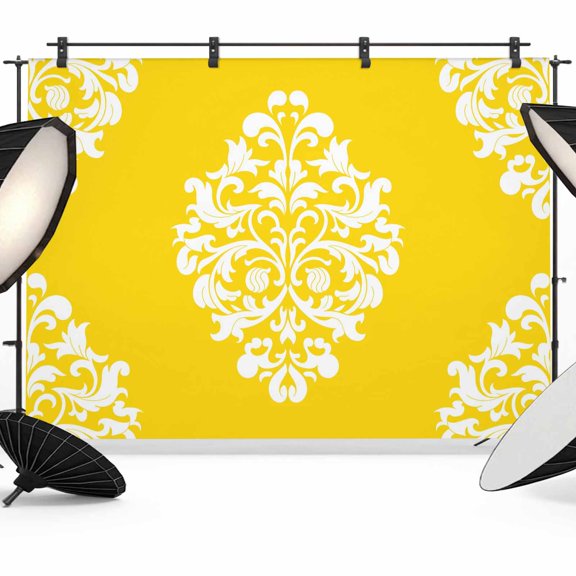 Baroque Yellow Backdrop for Photoshoot, Photography Photo Studio Background Wall Backdrop, Vintage Damask Classic Floral Back Drop Banner Panel for Portraits Wedding Party Live Streaming Decor 7x5Ft