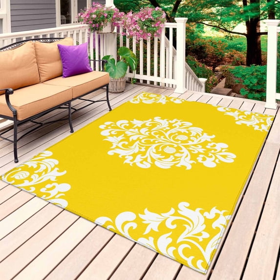 Baroque Yellow Outdoor Rug for Patio/Deck/Porch, Non-Slip Large Area Rug 3 x 5 Ft, Vintage Damask Classic Floral Indoor Outdoor Rugs Washable Area Rugs, Reversible Camping Rug Carpet Runner