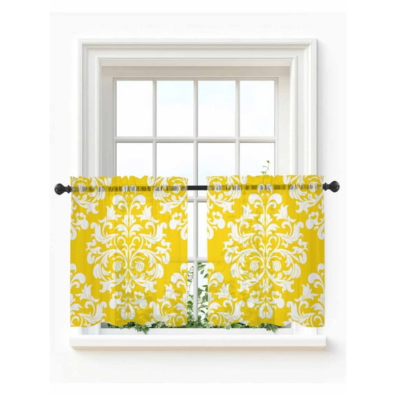 Baroque Yellow Tier Curtains 24 Inch Length, Sheer Curtains for Bedroom Living Room Window Vintage Damask Classic Floral Rod Pocket Voile Drapes Kitchen Curtains Small Half Window 27.5"x24" 2 Panels