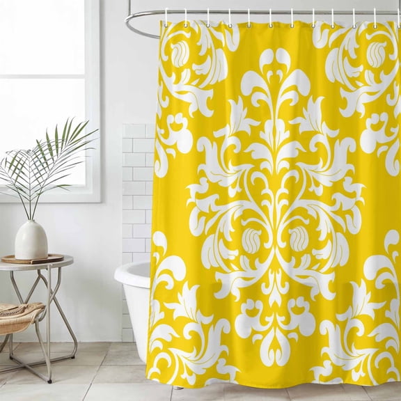 Baroque Yellow Waterproof Fabric Shower Curtain,Vintage Damask Classic Floral Waterproof Fabric Shower Curtain for Bathroom Curtains Bathtubs Hotel Shower Curtains with 12 Hooks Standard 66x72