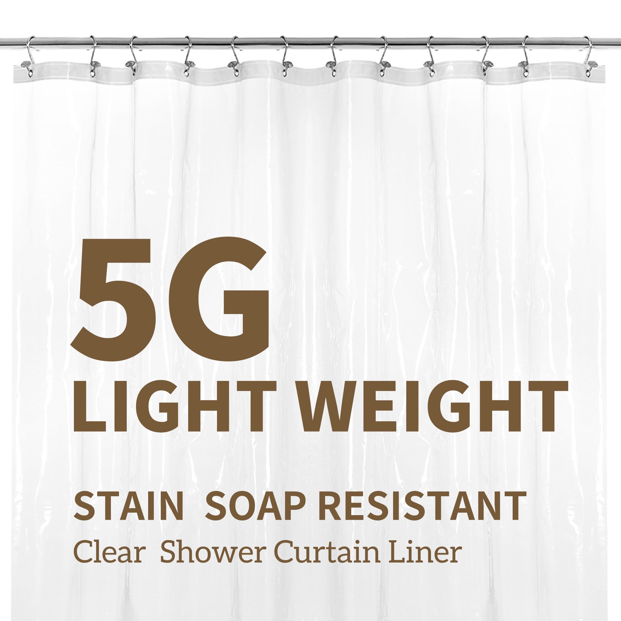 Barossa Design 5G PEVA Clear Shower Curtain Liner Lightweight with 3