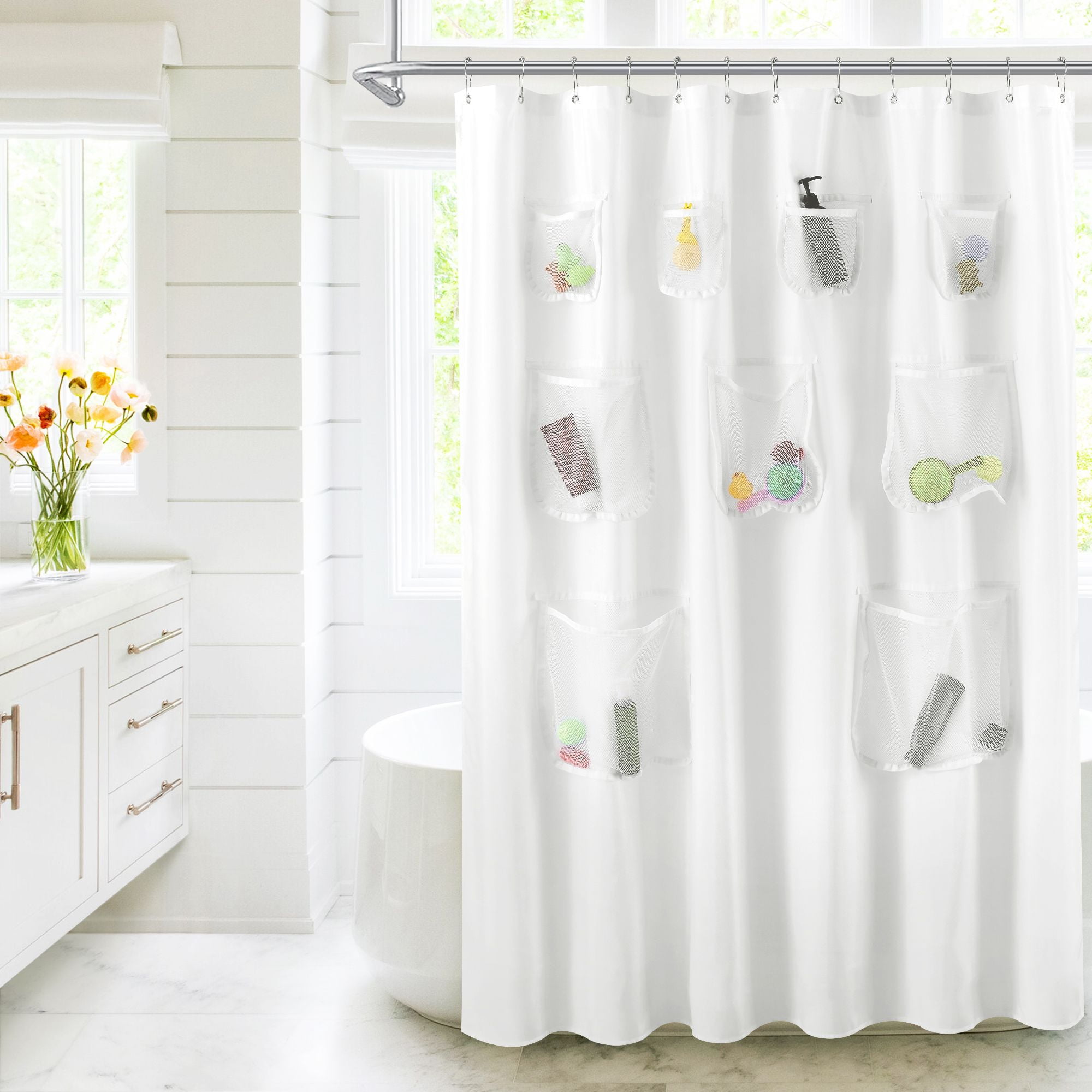 "Barossa Design White Shower Curtain, Fabric Liner, 9 Mesh Pocket, 70