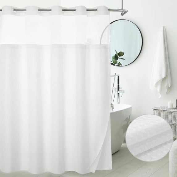 Barossa Design No Hook Extra Long Waffle Weave Shower Curtain with Snap in Liner, Mesh Window, 71"W x 86"L, White