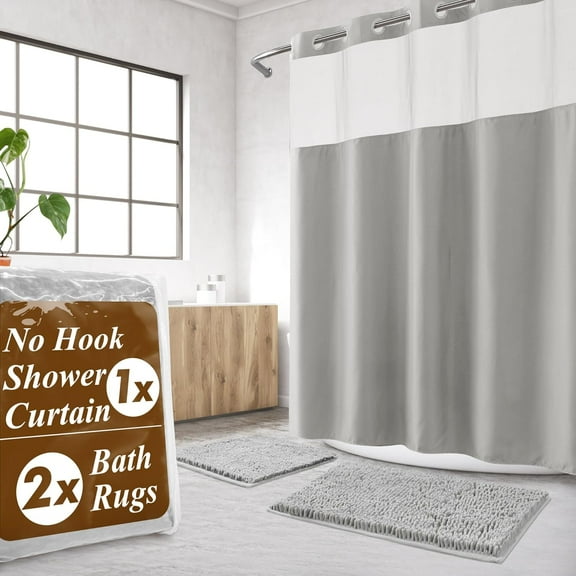 Barossa Design No Hook Shower Curtain Sets with Rugs - Gray Bathroom Rugs Sets 2 Piece and Snap in Liner Bathroom Curtains, Light Grey