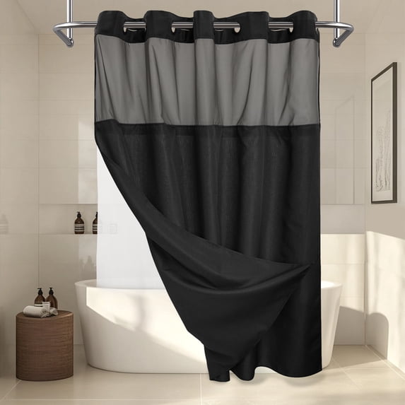 Barossa Design No Hook Slub Textured Shower Curtain with Snap-in PEVA Liner, Mesh Window - Black, 71 x 80