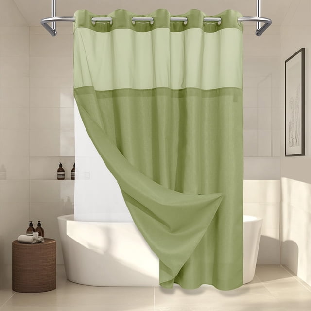 Barossa Design No Hook Slub Textured Shower Curtain with Snap-in PEVA Liner, Mesh Window - Sage, 71 x 74
