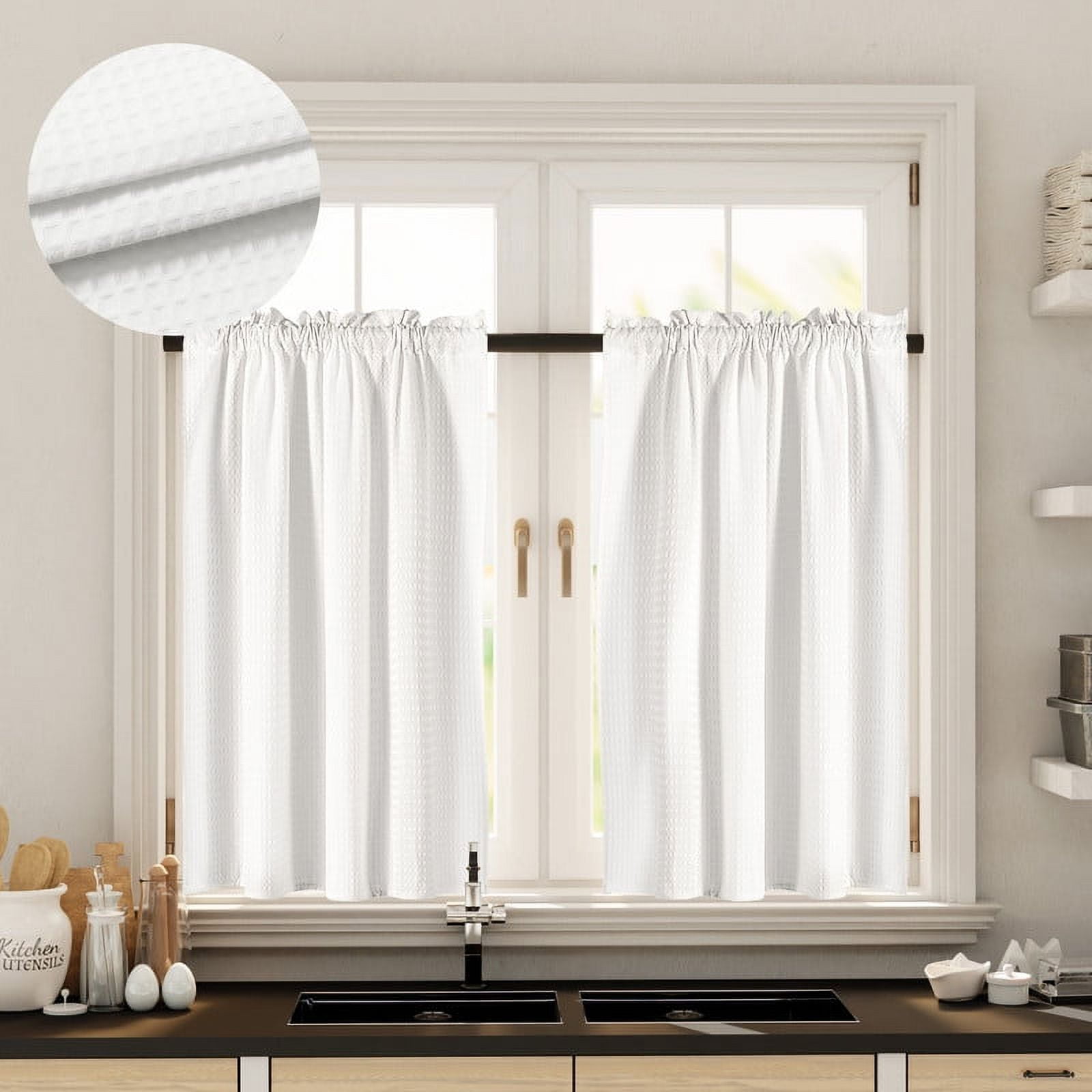 Barossa Design Waffle Weave Kitchen Curtains, 45 Inch White Cafe ...