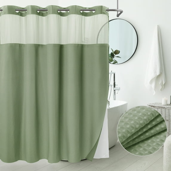 Barossa Design Waffle Weave Shower Curtain with Snap in Liner, Mesh Window, 71"W x 74"L, Sage