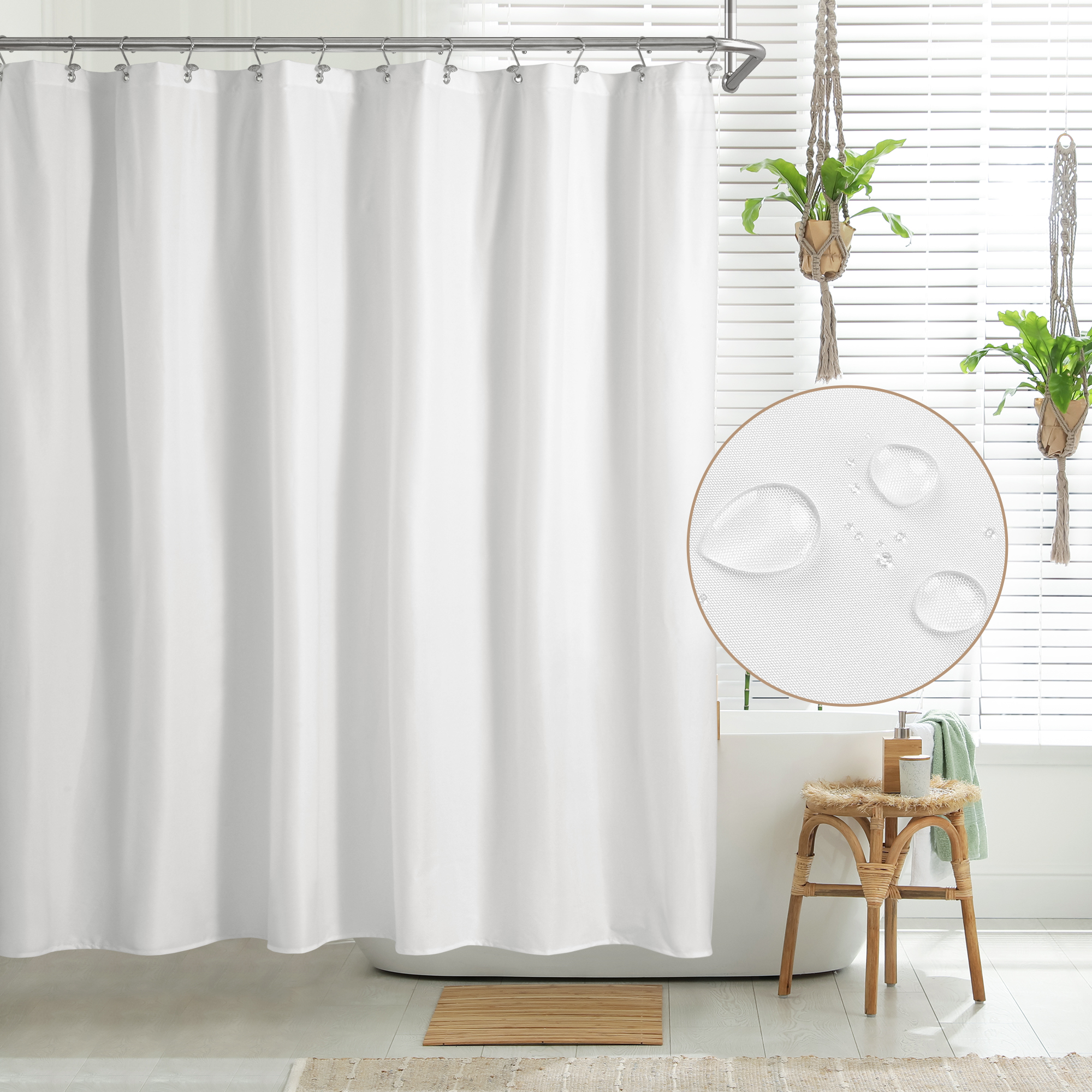 DOUBLE SWAG FABRIC SHOWER CURTAIN, VINYL LINER, SHOWER RINGS, DOBBY DOT