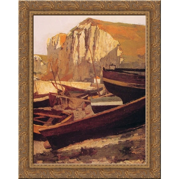 Barques au pied d'une falaise en Normandie 20x23 Gold Ornate Wood Framed Canvas Art by Laurens, Jean Paul