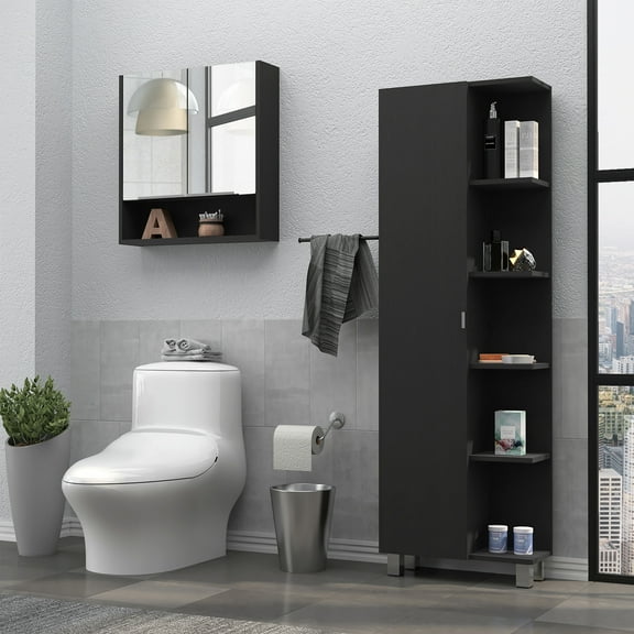 Barre 2 Piece Bathroom Set, Urano Linen Cabinet + Jaspe Mirror Medicine Cabinet, Black