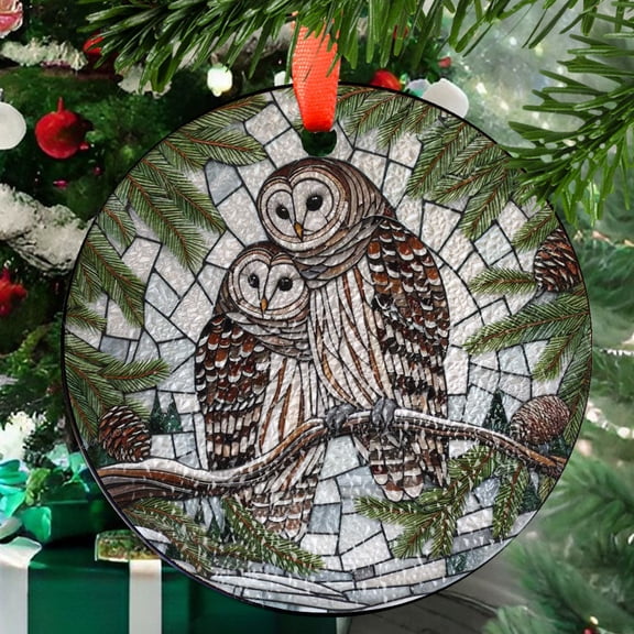 Barred Owl on Pine tree branch GLASS Hanging, Winter landscape, barred owl suncatcher, bird watching gift, Christmas gift, owl lover, Ornament 2025, Holiday 2025, Seasonal Holiday