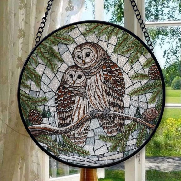Barred Owl on Pine tree branch GLASS Hanging, Winter landscape, barred owl suncatcher, bird watching gift, Christmas gift, owl lover, Stained Glass Ornament 2025, Holiday