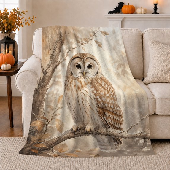 Barred Owl on Winter Branch with Soft Birch Trees, Serene Woodland Wildlife Motif for Owl Lovers, Christmas Gift, Cozy Flannel Blanket for Cabin and Reading Nook, Rustic Home Decor
