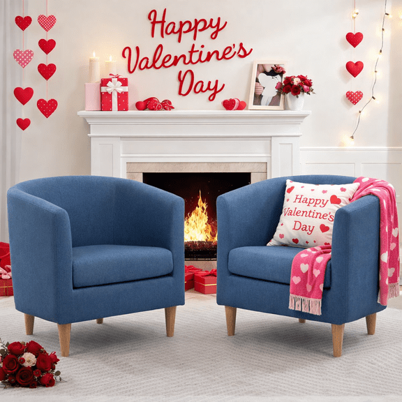 Barrel Accent Chair Set of 2, Mid Century Modern Upholstered Club Chair with Comfy Armrest and Stable Wood Legs for Bedroom, Living Room, or Reading Corner (Blue)