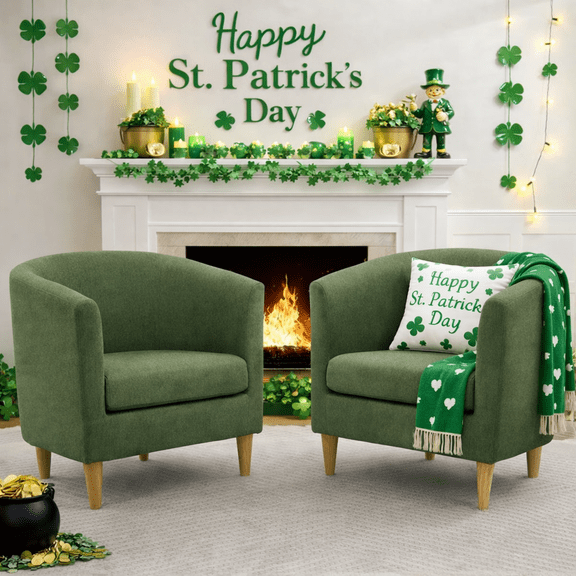 Barrel Accent Chair Set of 2, Mid Century Modern Upholstered Club Chair with Comfy Armrest and Stable Wood Legs for Bedroom, Living Room, or Reading Corner (Green)