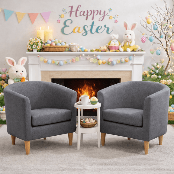 Barrel Accent Chair Set of 2, Mid Century Modern Upholstered Club Chair with Comfy Armrest and Stable Wood Legs for Bedroom, Living Room, or Reading Corner (Grey)