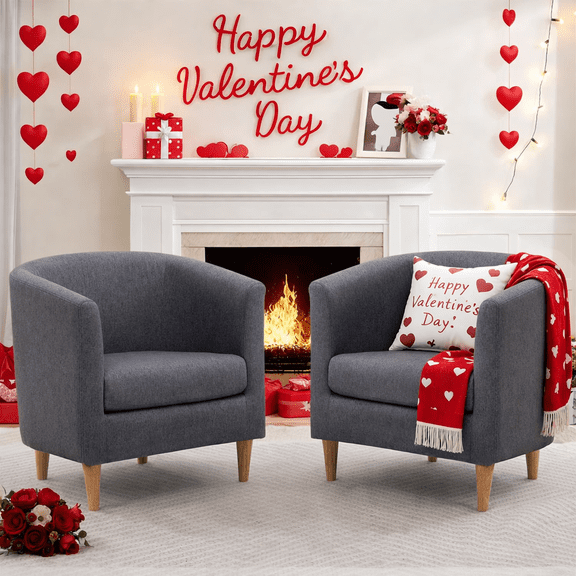 Barrel Accent Chair Set of 2, Mid Century Modern Upholstered Club Chair with Comfy Armrest and Stable Wood Legs for Bedroom, Living Room, or Reading Corner (Grey)