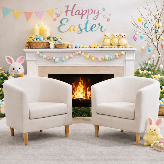 Barrel Accent Chair Set of 2, Mid Century Modern Upholstered Club Chair with Comfy Armrest and Stable Wood Legs for Bedroom, Living Room, or Reading Corner (Off-white)